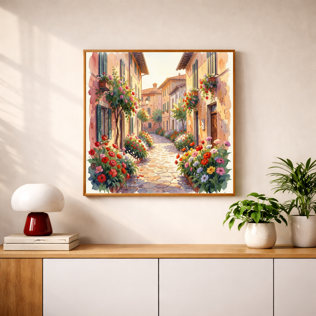Cobblestone Village in Bloom – Watercolour Art Print