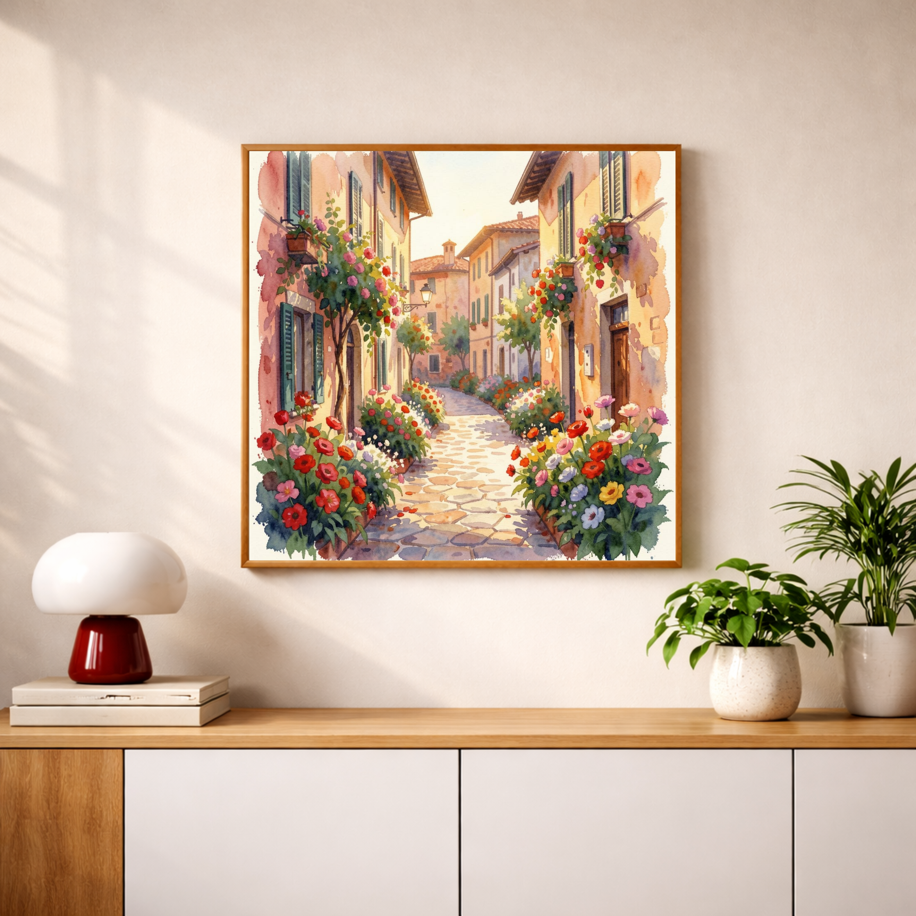 Cobblestone Village in Bloom – Watercolour Art Print
