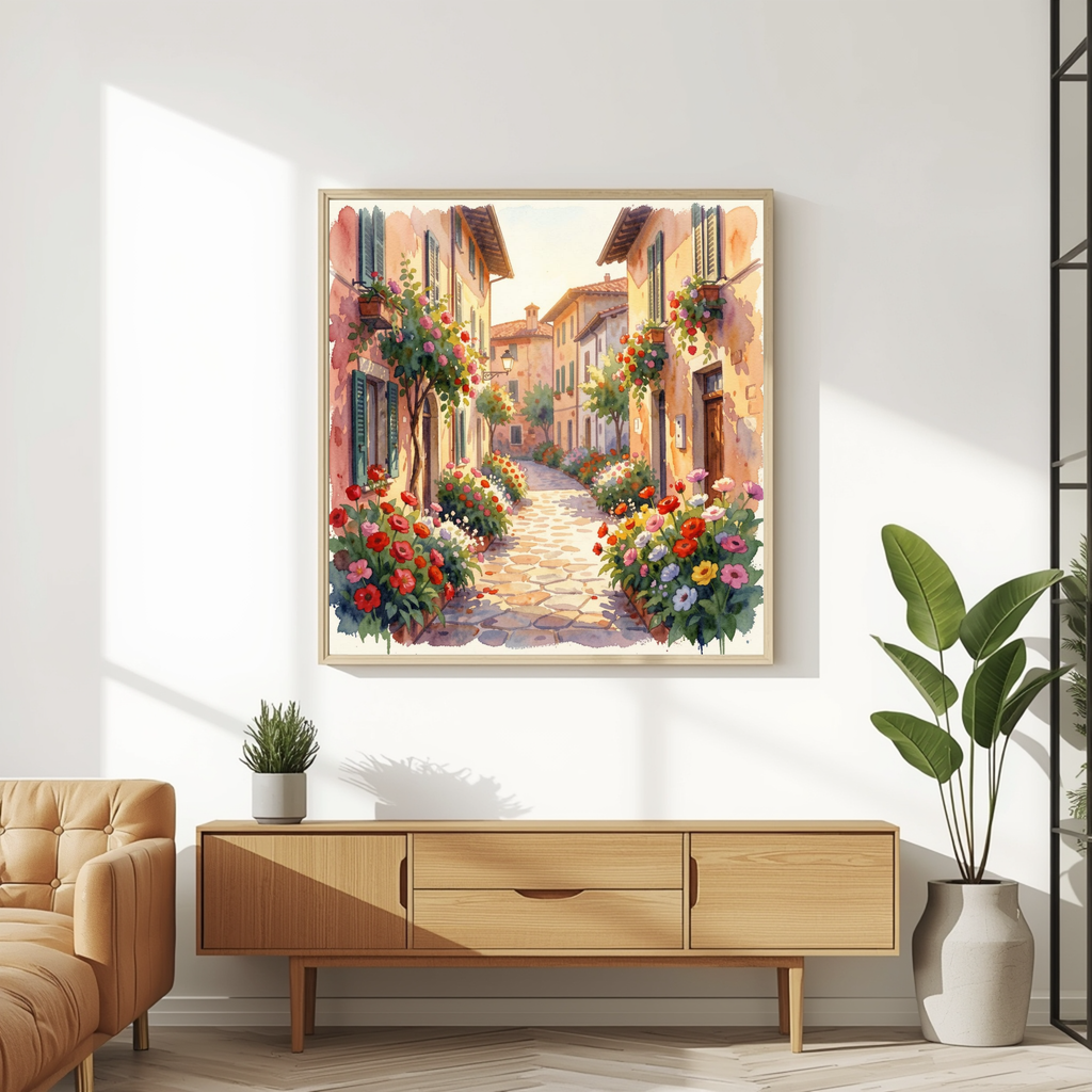 Cobblestone Village in Bloom – Watercolour Art Print