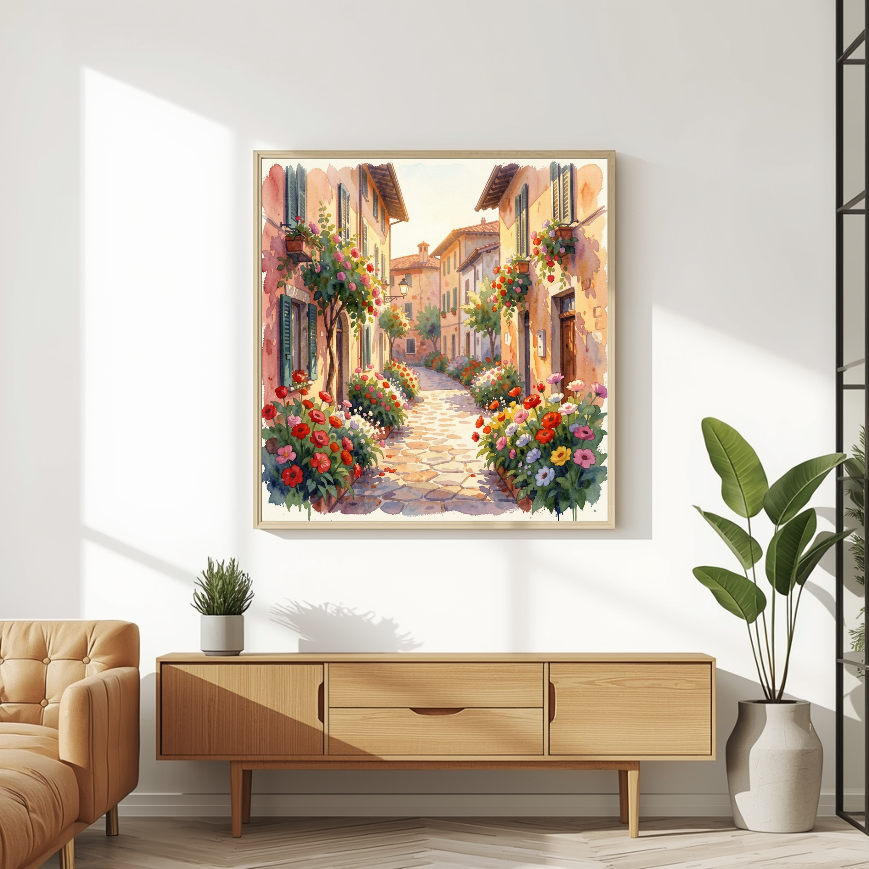 Cobblestone Village in Bloom – Watercolour Art Print