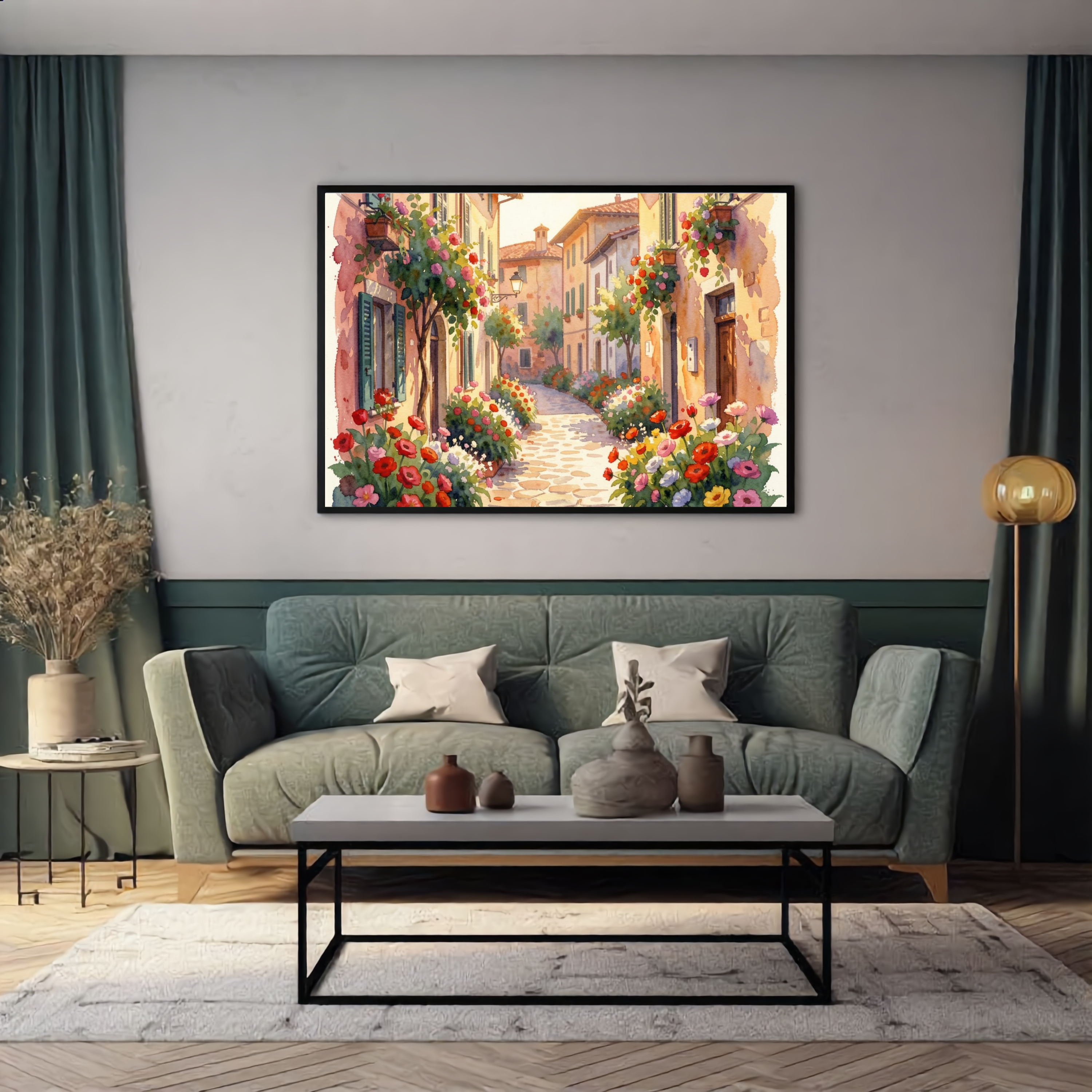 Cobblestone Village in Bloom – Watercolour Art Print
