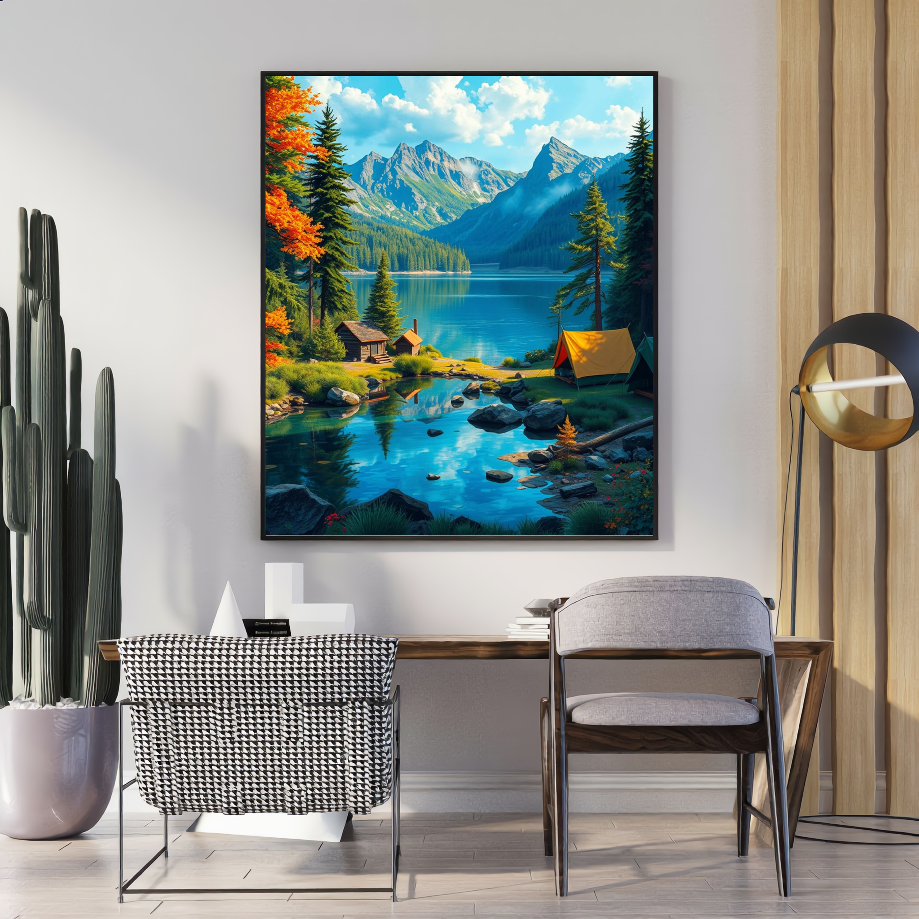 Lakeside Mountain Escape – Lakeside Cabin & Campsite Wall Art Instant Download