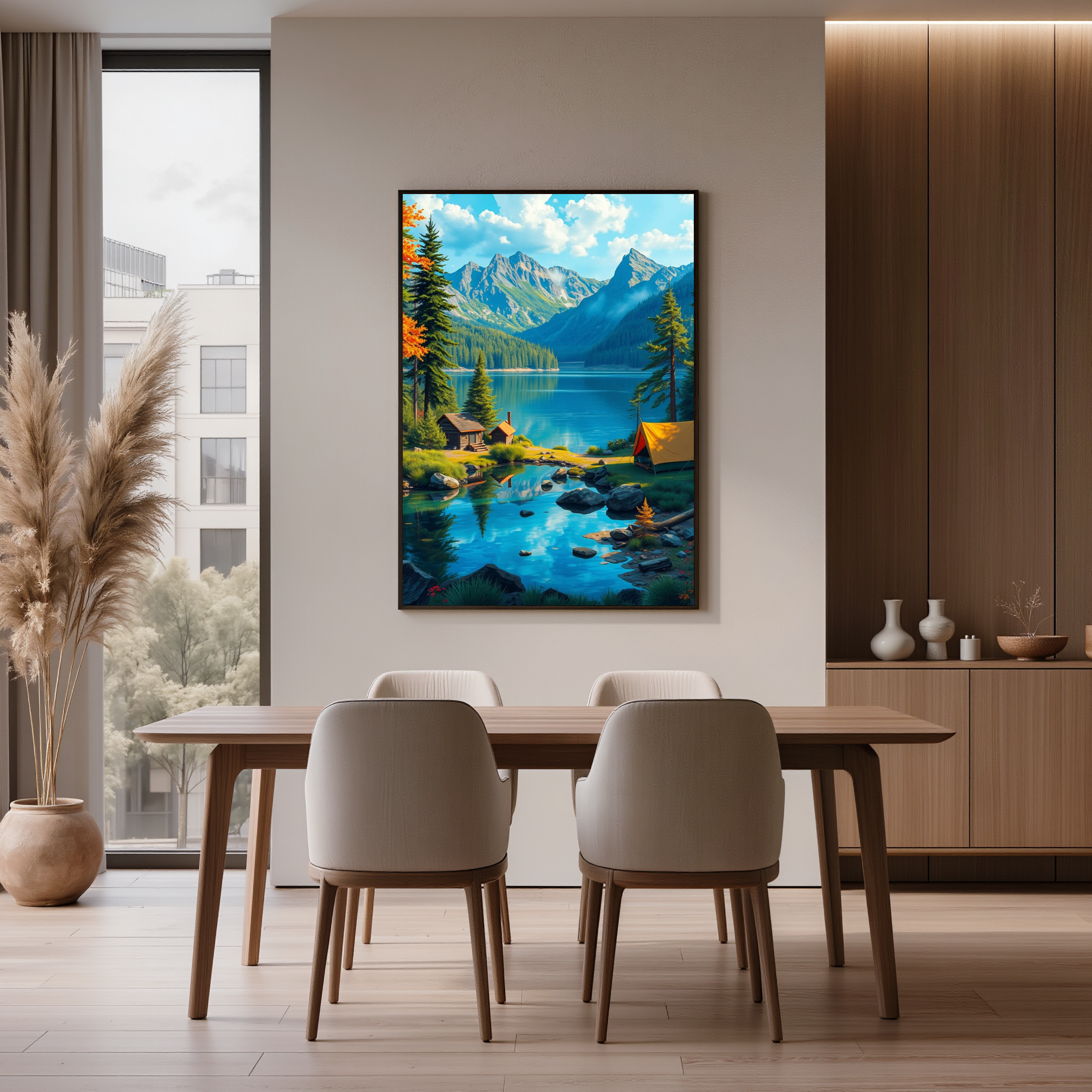 Lakeside Mountain Escape – Lakeside Cabin & Campsite Wall Art Instant Download