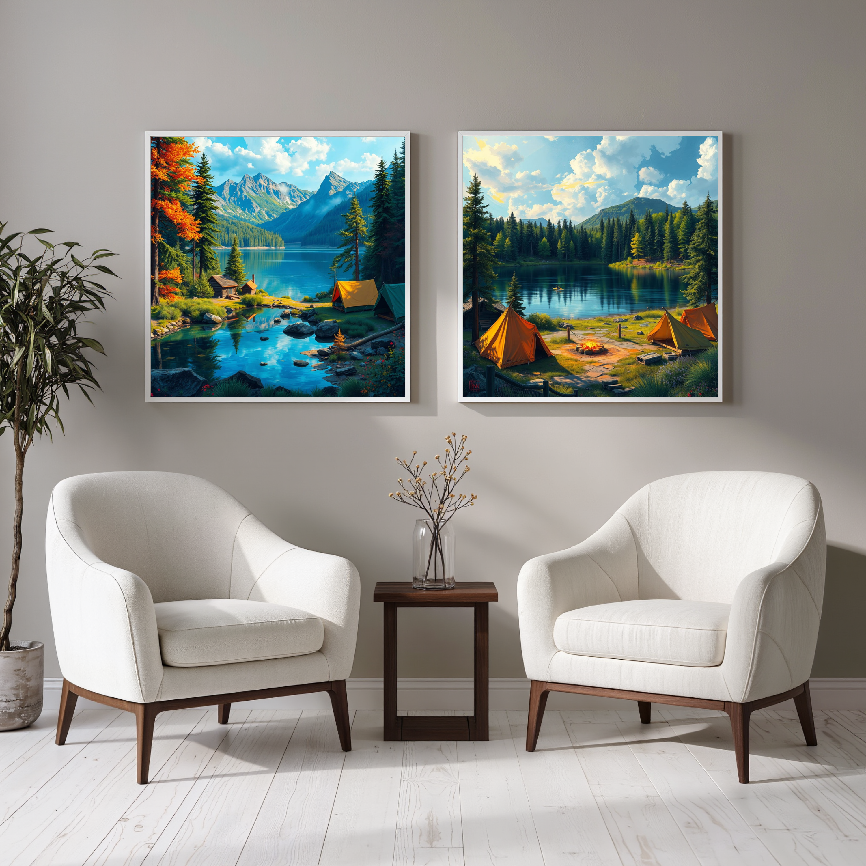 Lakeside Mountain Escape – Lakeside Cabin & Campsite Wall Art Instant Download