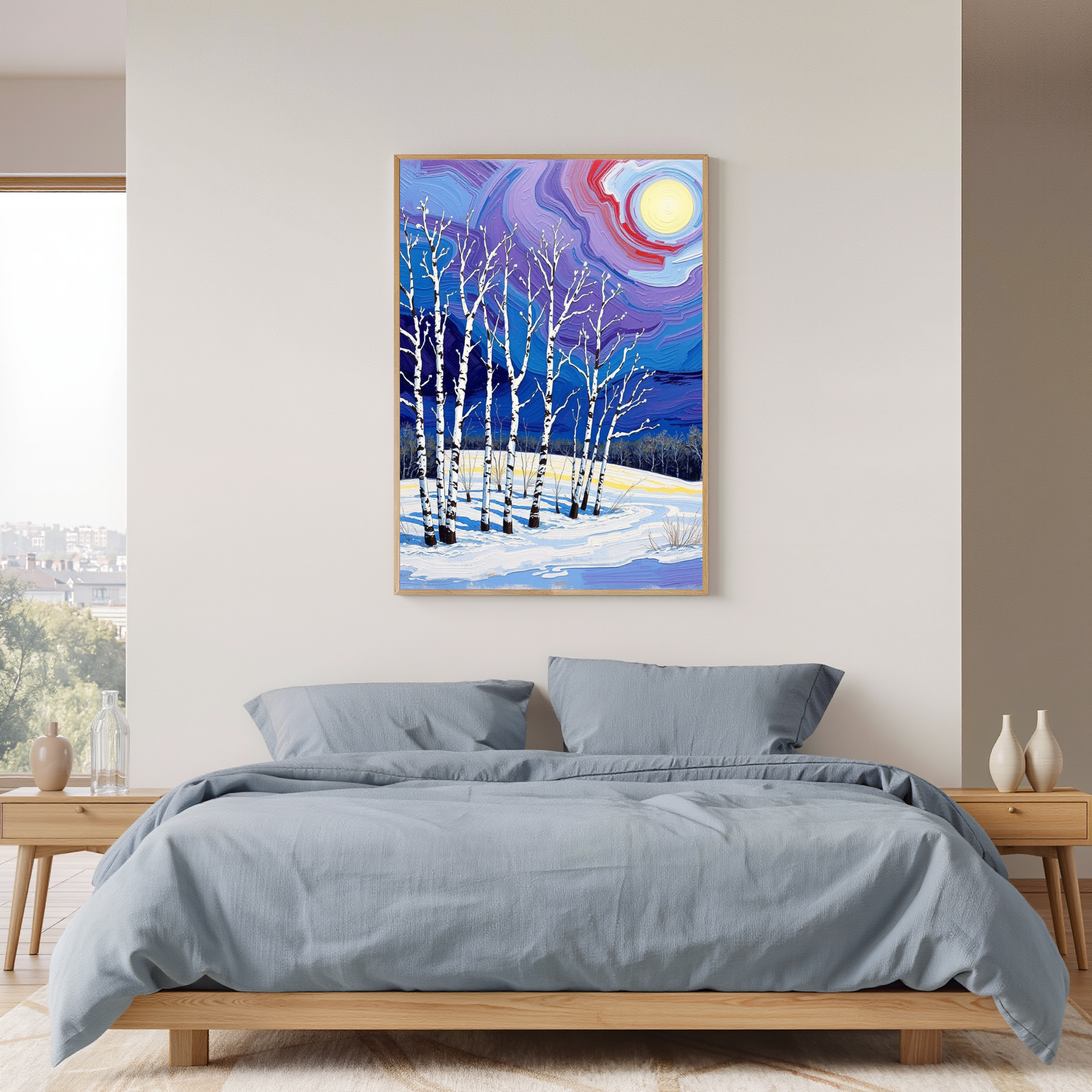 Moonlit Birch Trees in Winter – Colorful Snow Landscape Digital Art