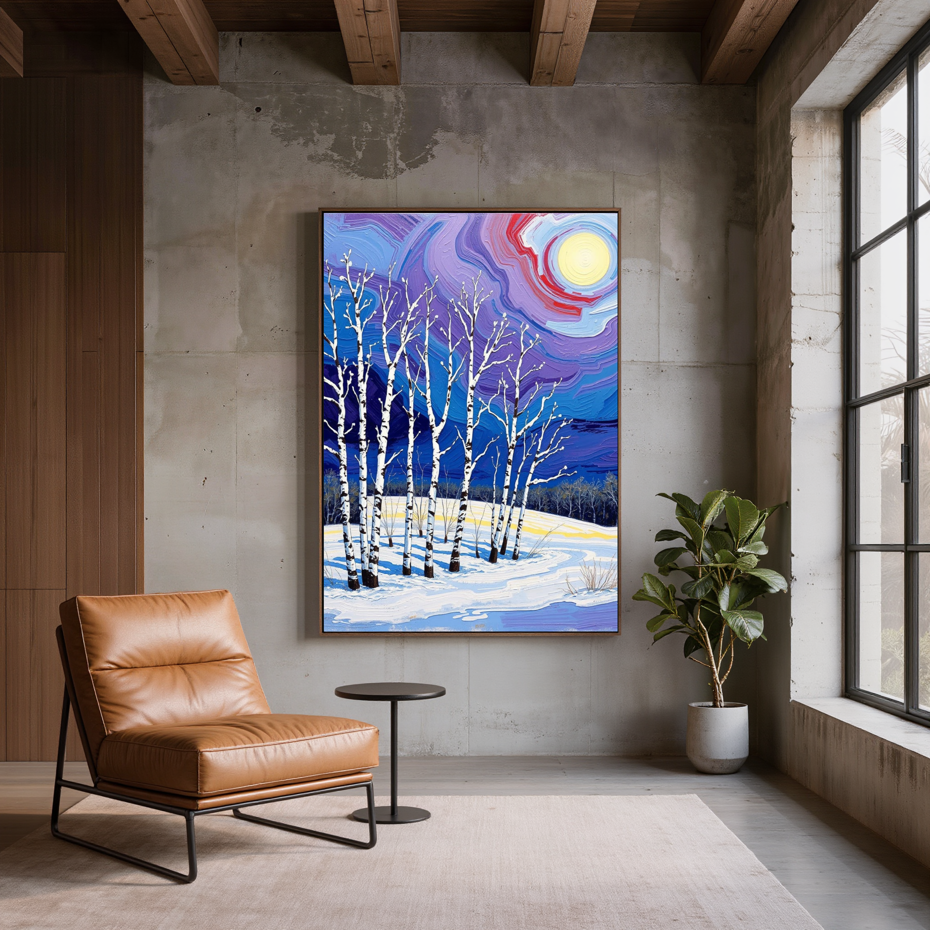 Moonlit Birch Trees in Winter – Colorful Snow Landscape Digital Art
