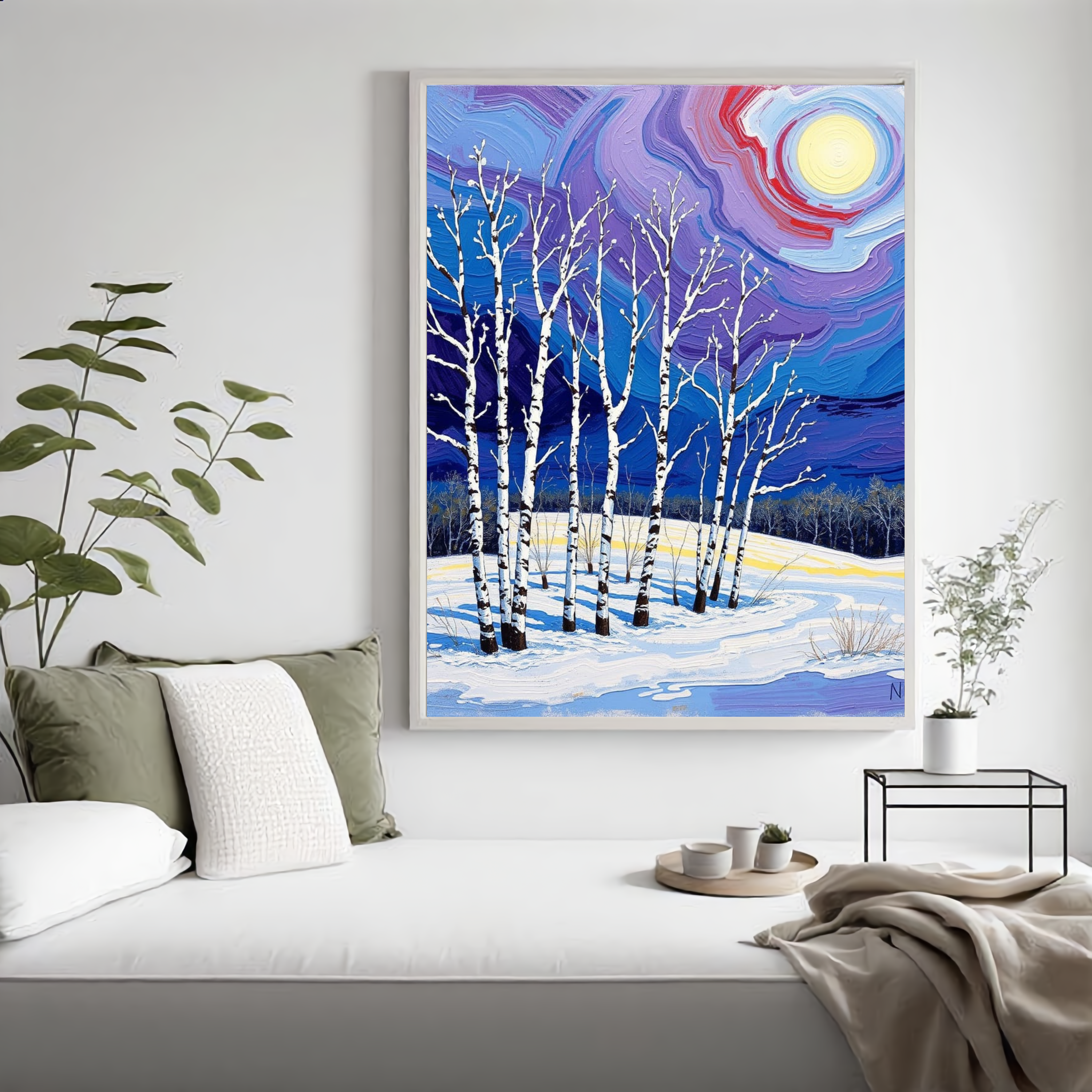 Moonlit Birch Trees in Winter – Colorful Snow Landscape Digital Art