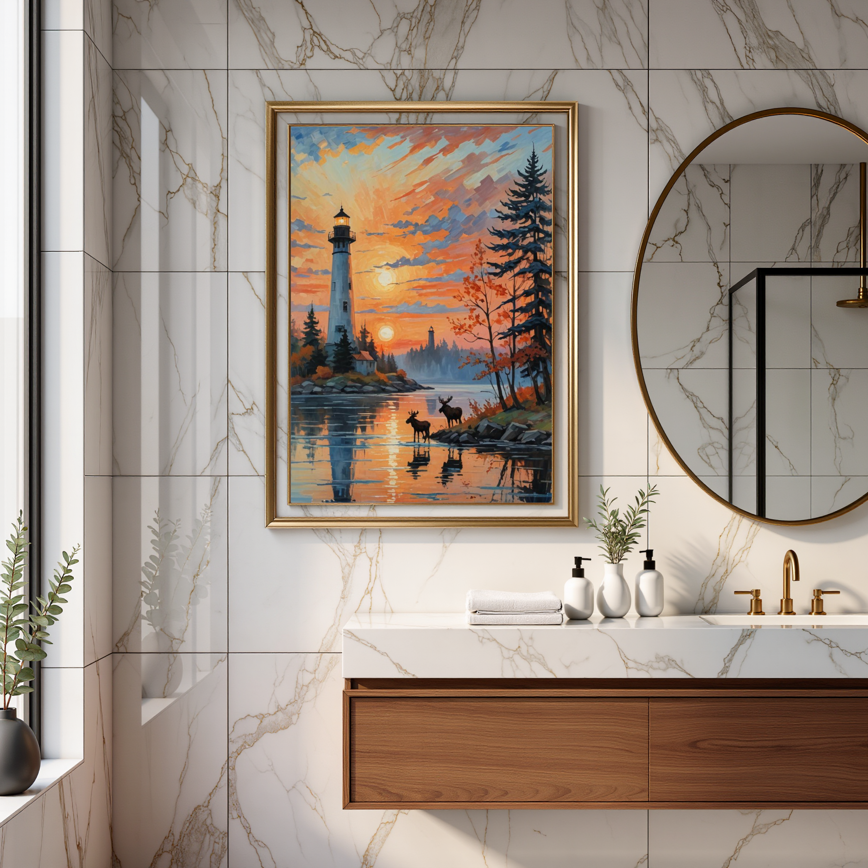 Lighthouse at Sunset with Moose