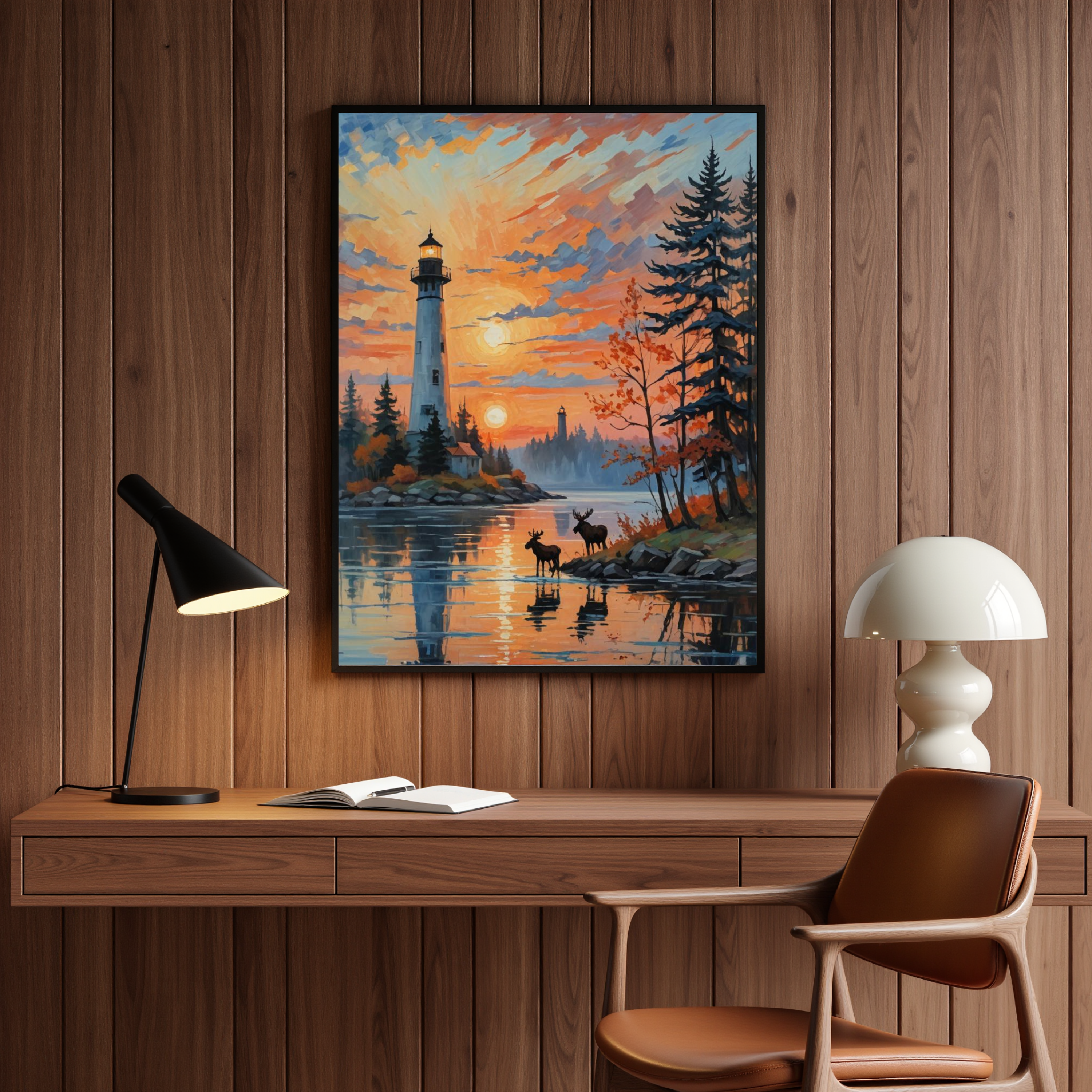 Lighthouse at Sunset with Moose