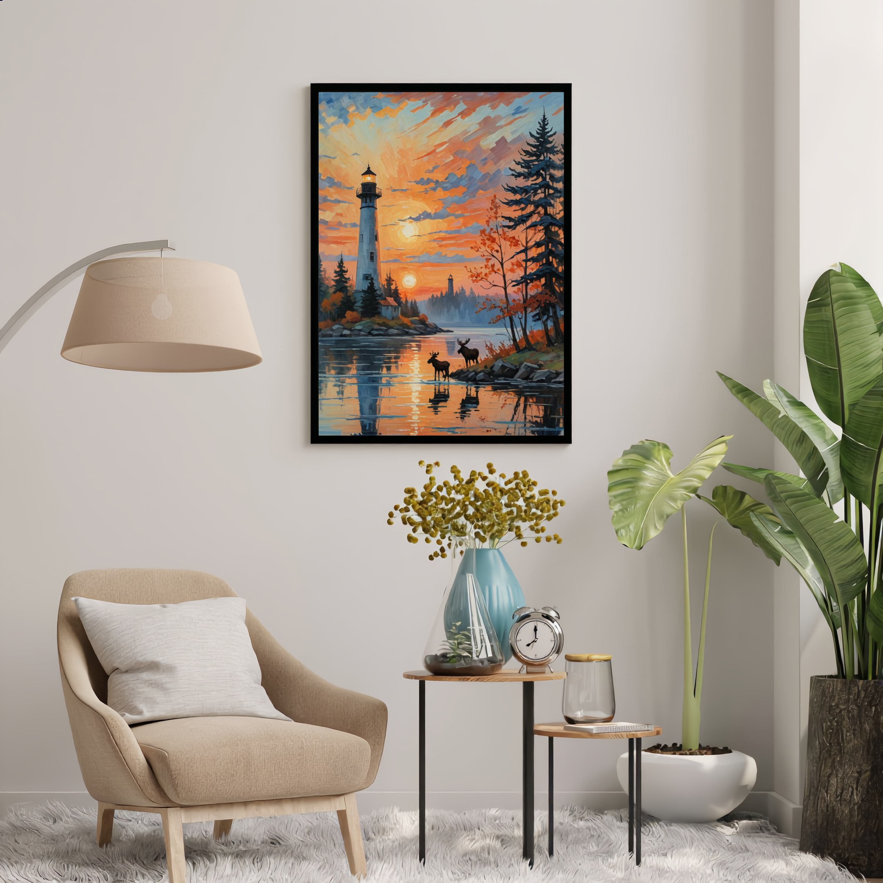 Lighthouse at Sunset with Moose