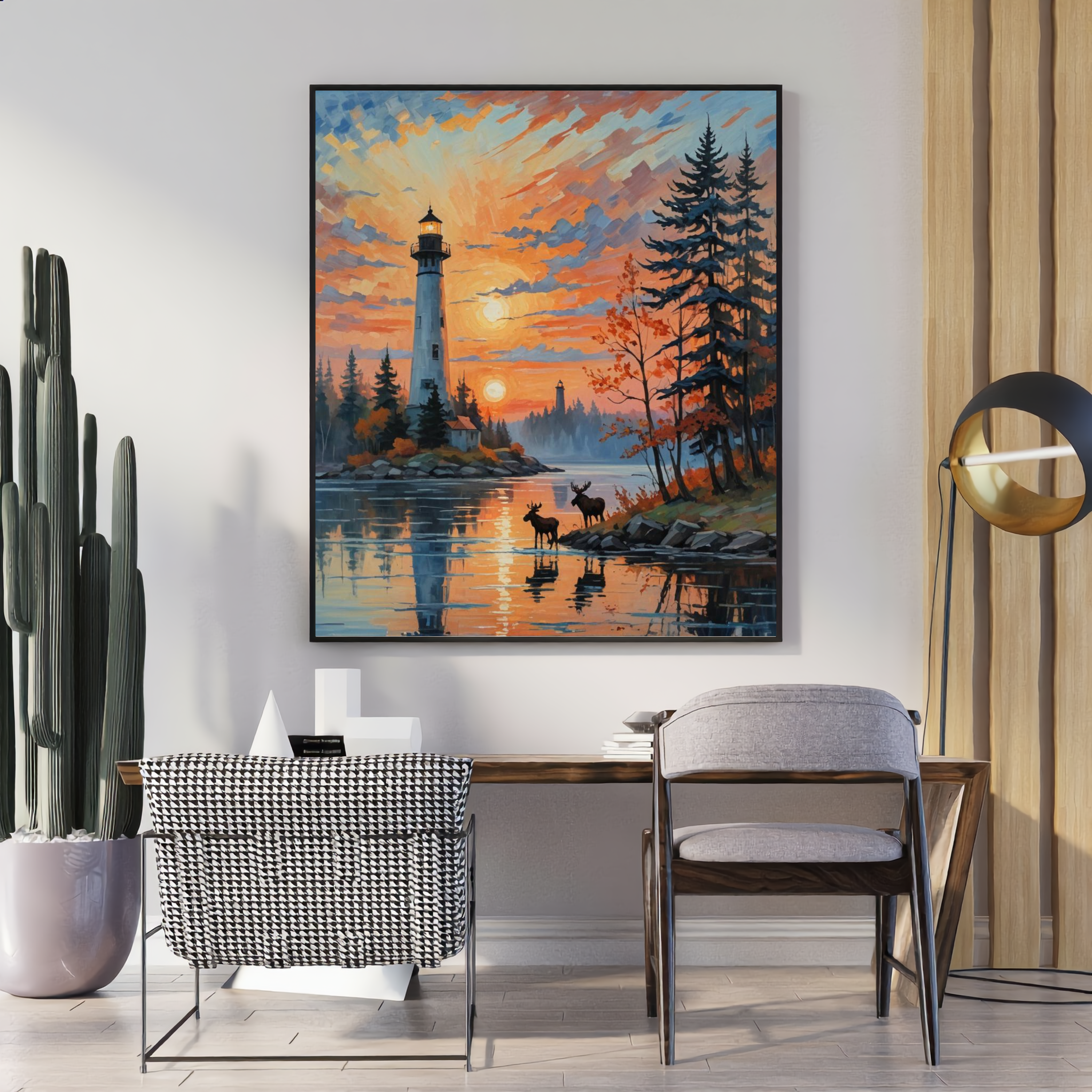 Lighthouse at Sunset with Moose