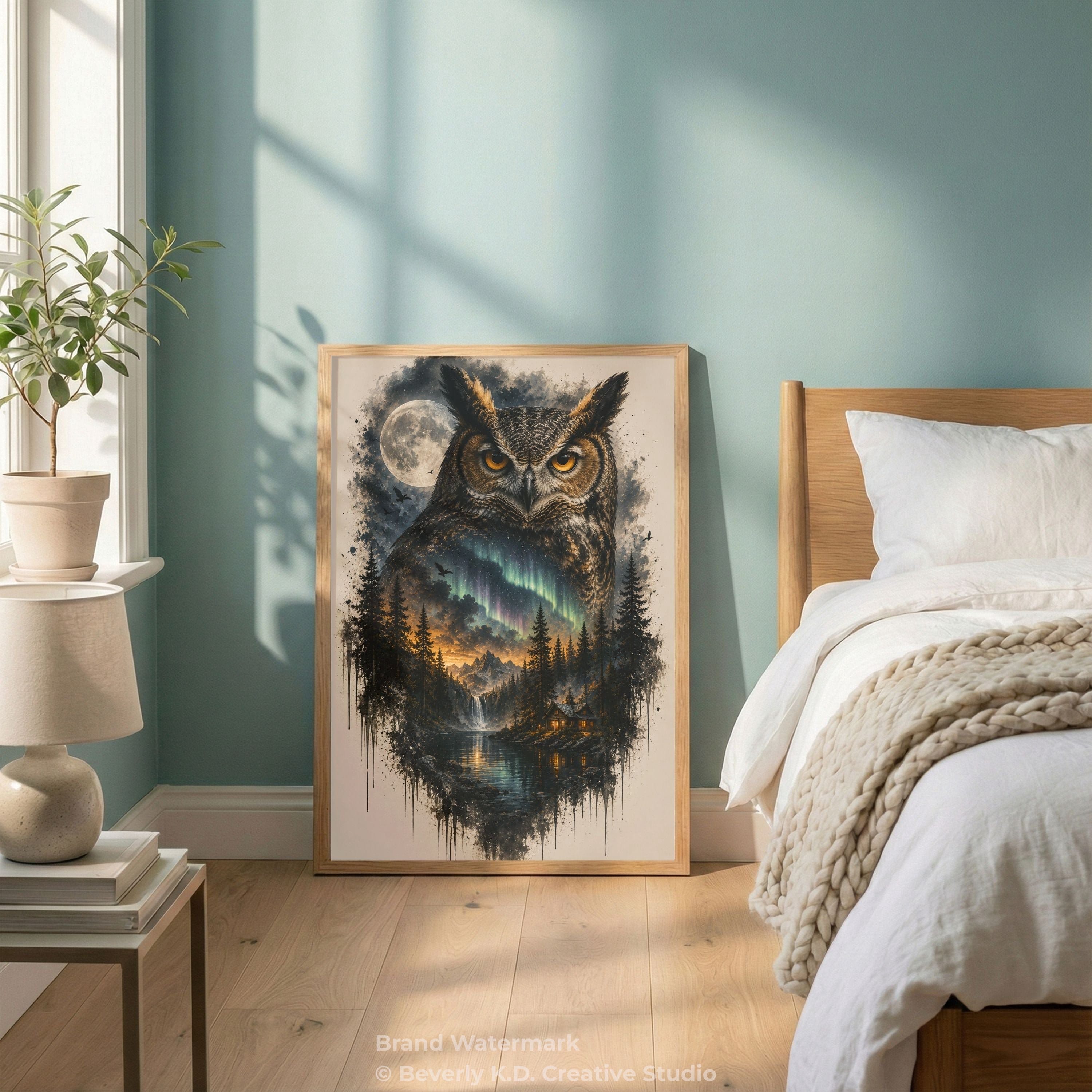 Great Horned Owl & Northern Lights – Mystical Wildlife Digital Art Print
