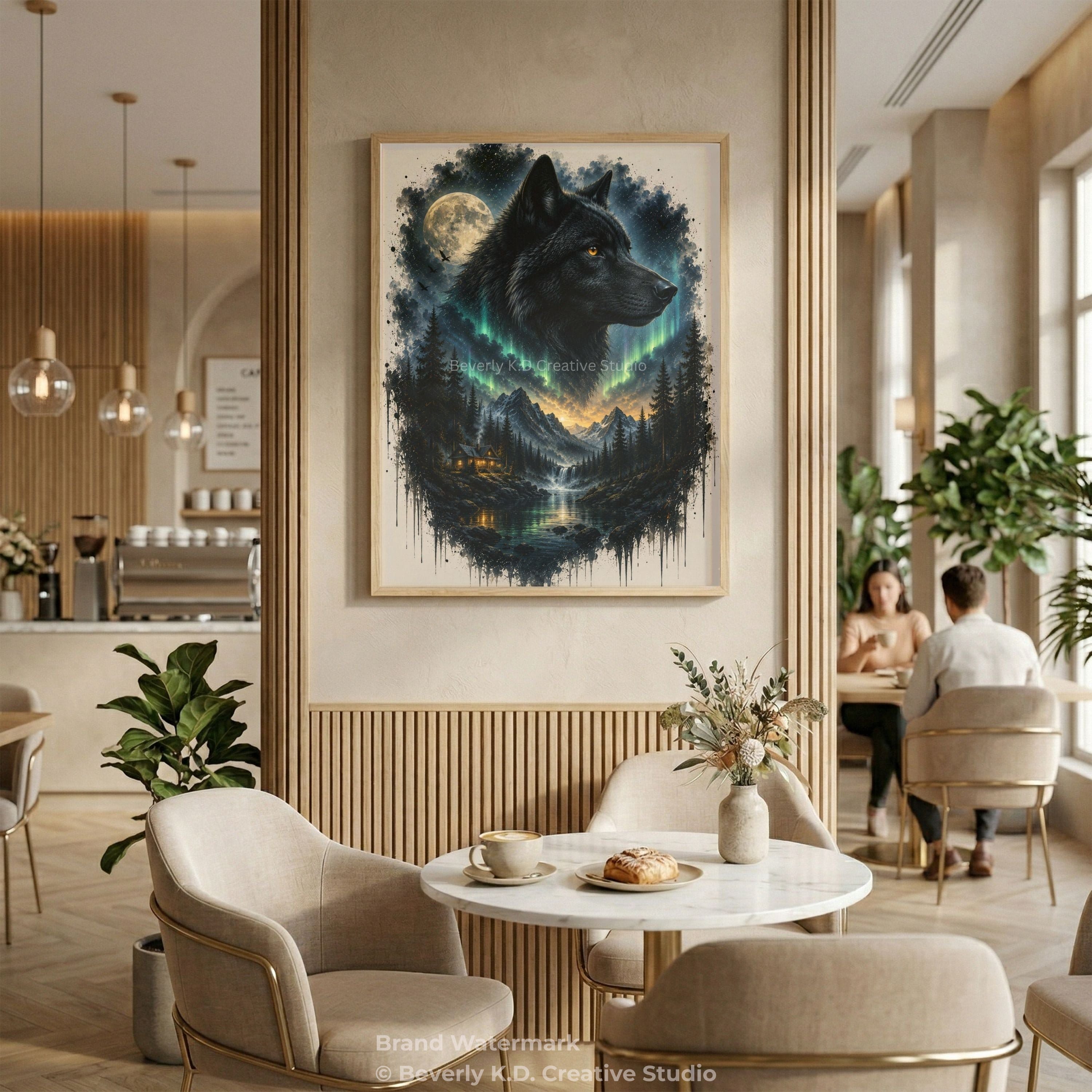 Black Wolf & Northern Lights – Mystical Wildlife Digital Art Print