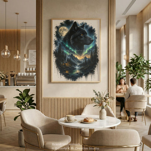 Black Wolf & Northern Lights – Mystical Wildlife Digital Art Print