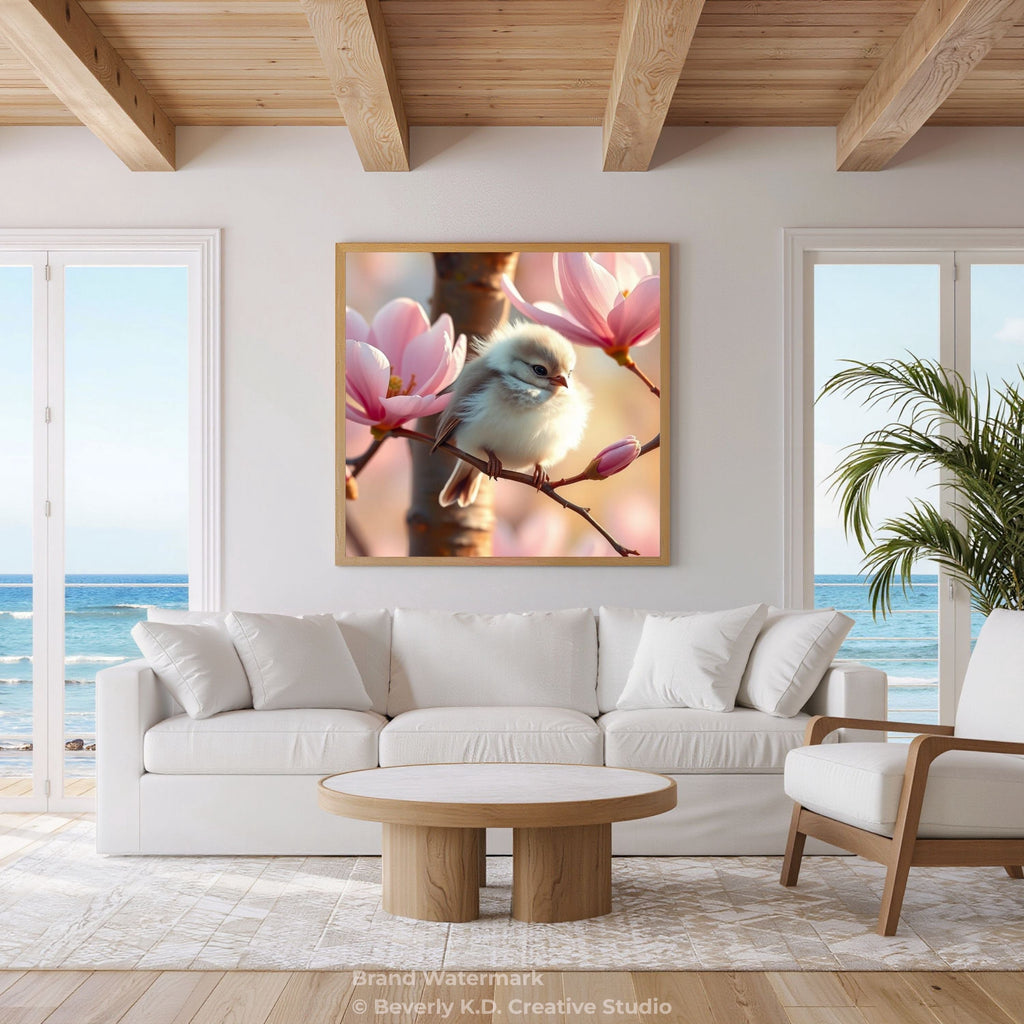 Golden Bird in Peach Magnolia Blossoms – Soft Spring Digital Art Print