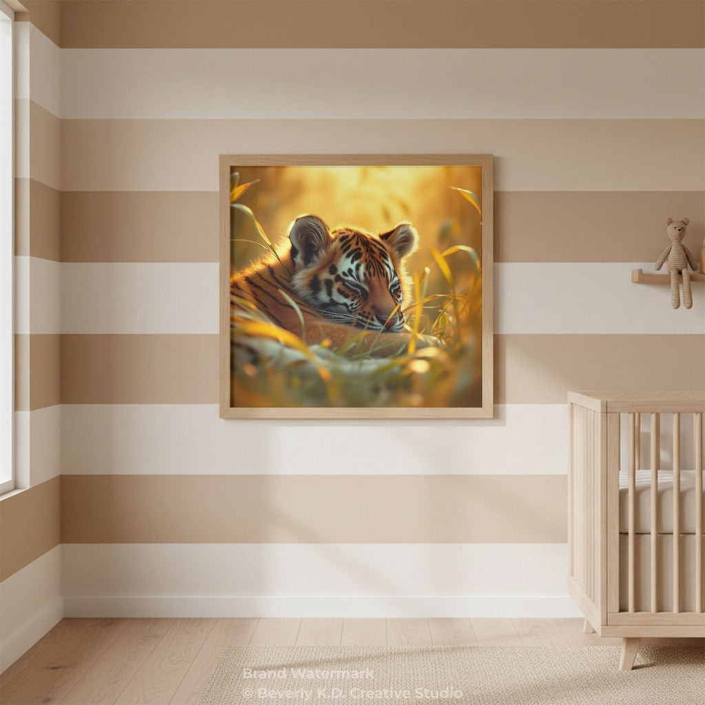 Sleeping Baby Tiger in Golden Grass