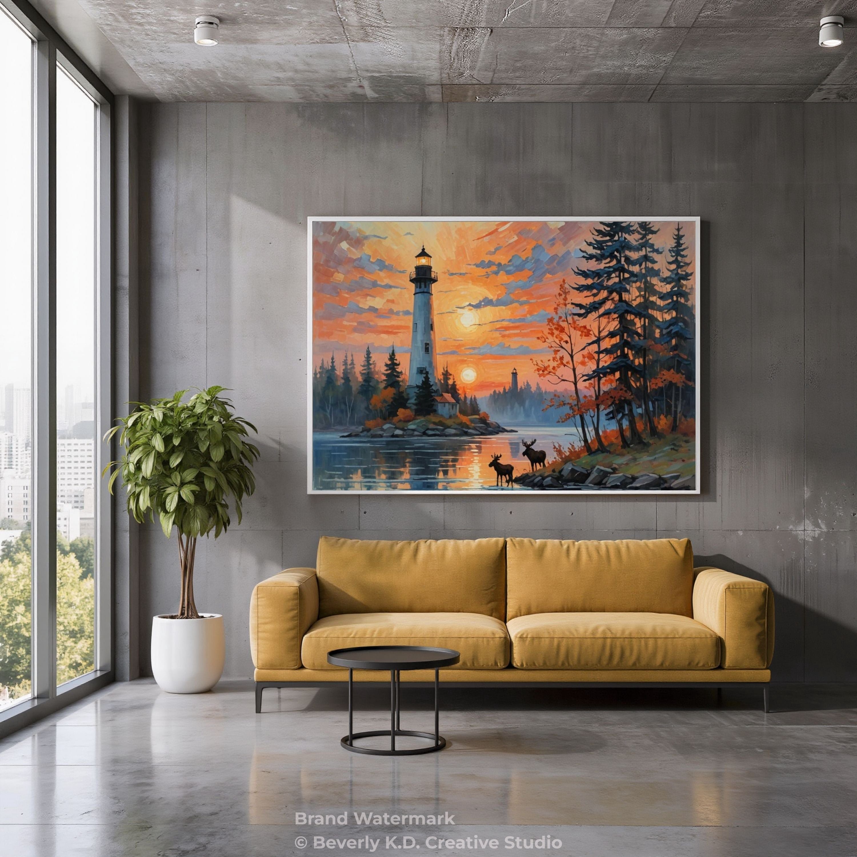 Lighthouse at Sunset with Moose