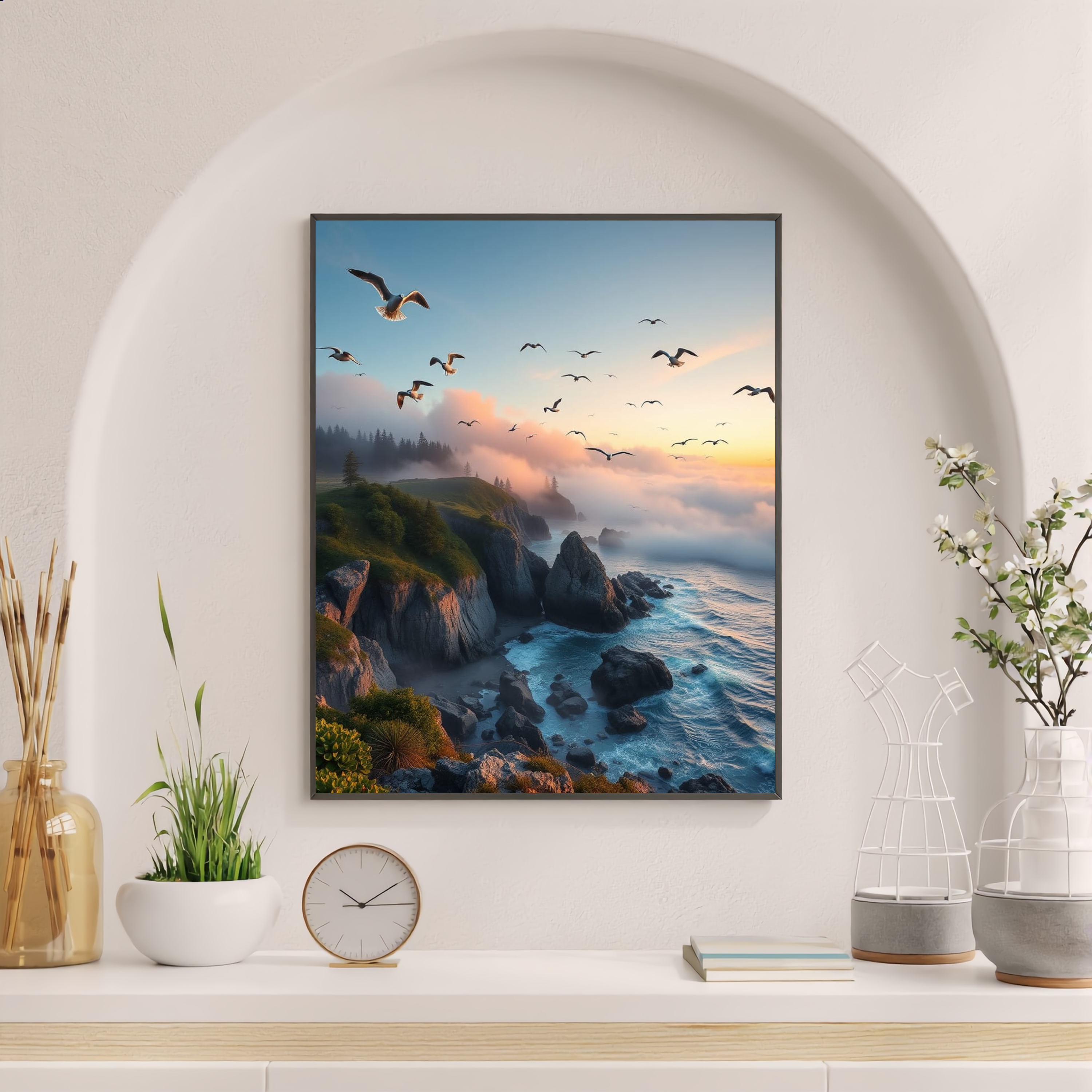 Coastal Sunset with Seabirds — Digital Art Print