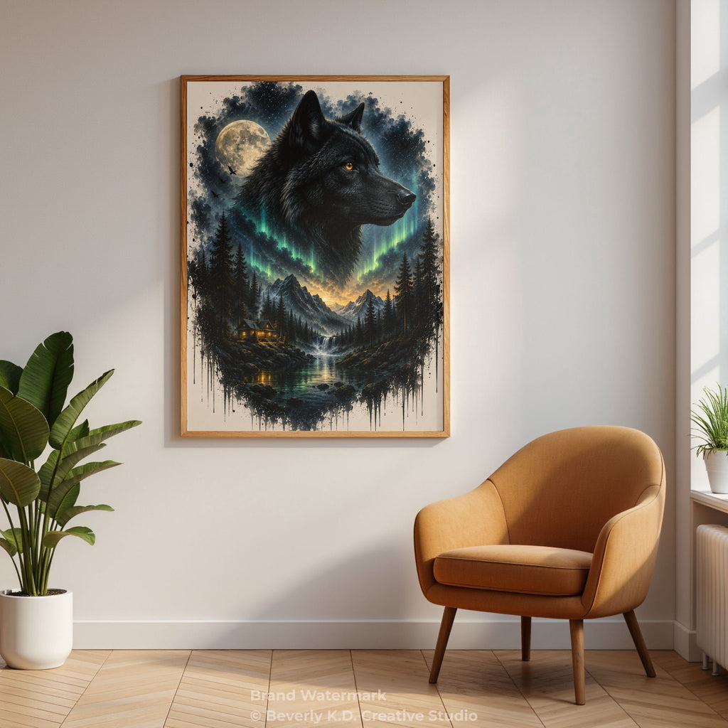 Black Wolf & Northern Lights – Mystical Wildlife Digital Art Print