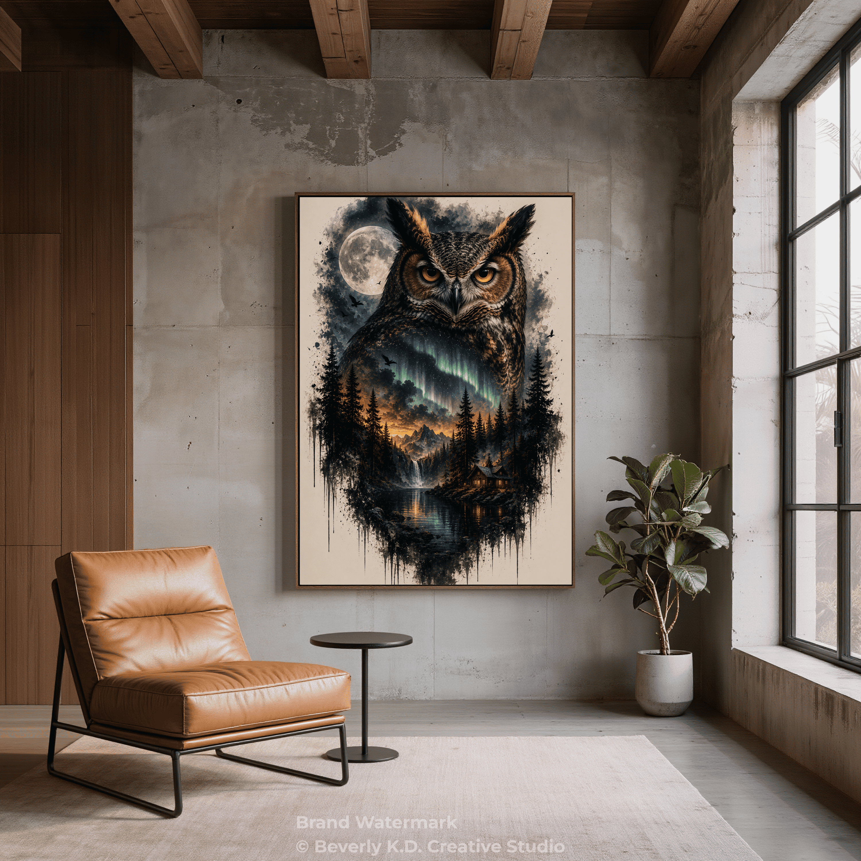 Great Horned Owl & Northern Lights – Mystical Wildlife Digital Art Print