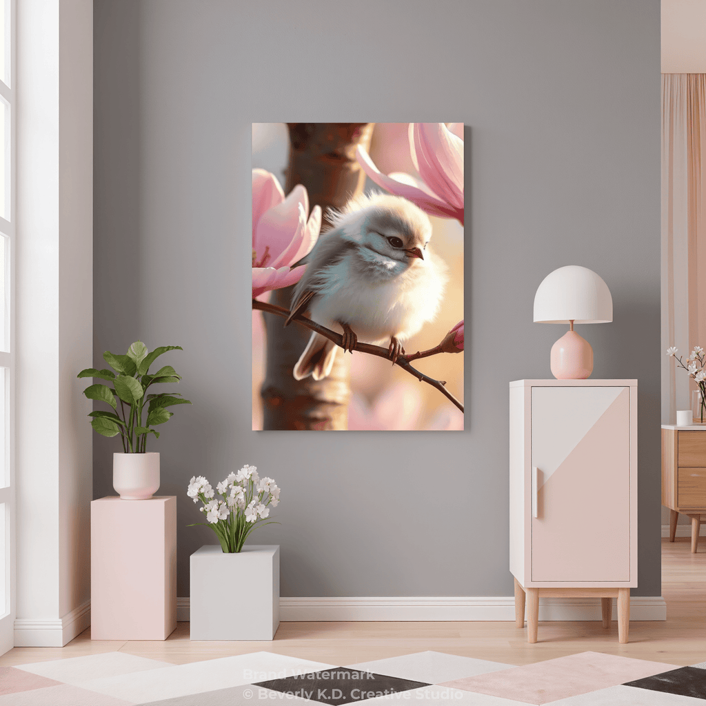 Golden Bird in Peach Magnolia Blossoms – Soft Spring Digital Art Print
