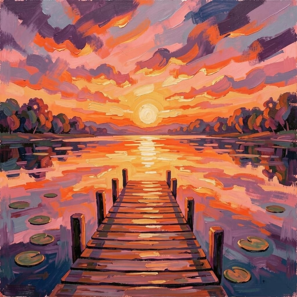 Lakeside Dock at Sunset — Digital Art Print