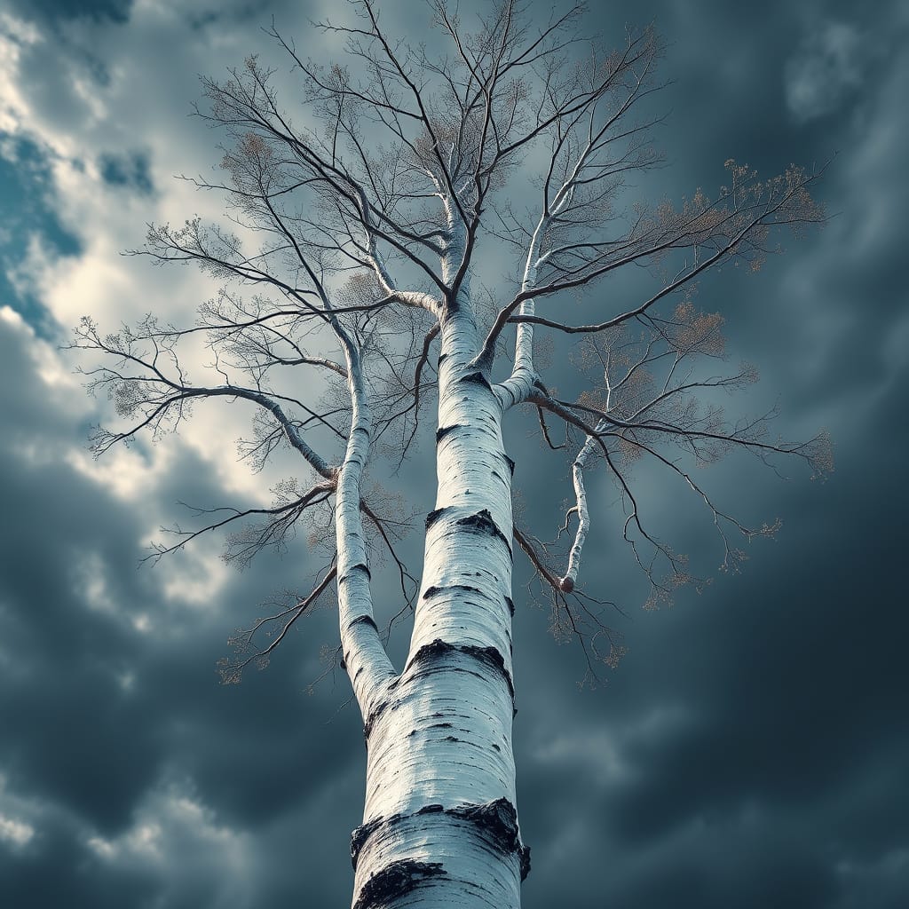 Birch Tree Against Stormy Sky – Digital Art Print