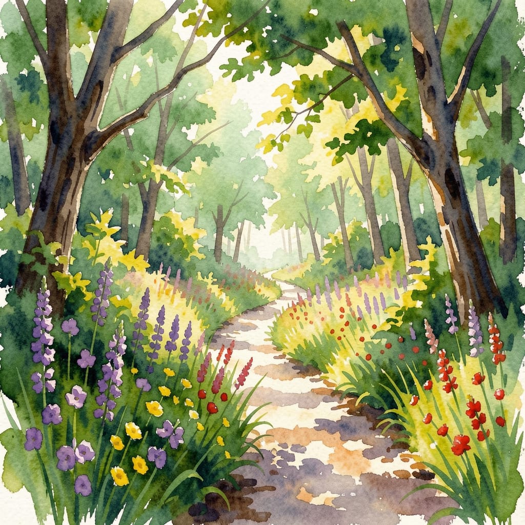 Sunlit Forest Path – Watercolour Art Print