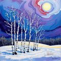 Moonlit Birch Trees in Winter – Colorful Snow Landscape Digital Art