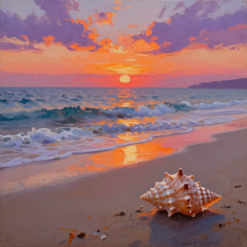 Coastal Sunset & Seashell — Digital Art Print