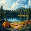 Lakeside Camping – Campfire & Mountain Nature Wall Art Instant Download