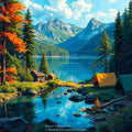 Lakeside Mountain Escape – Lakeside Cabin & Campsite Wall Art Instant Download