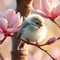 Golden Bird in Peach Magnolia Blossoms – Soft Spring Digital Art Print