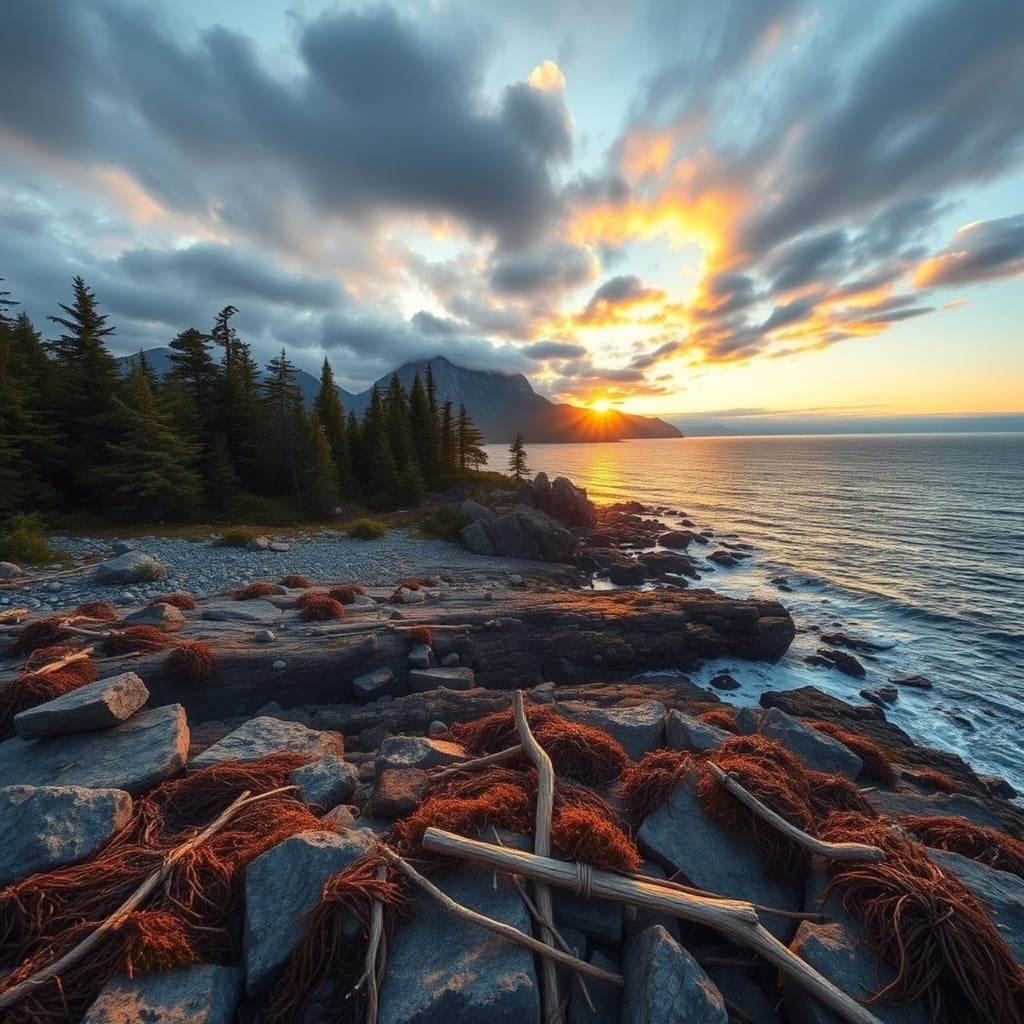 Rocky Lakeshore Sunset – Digital Art Print