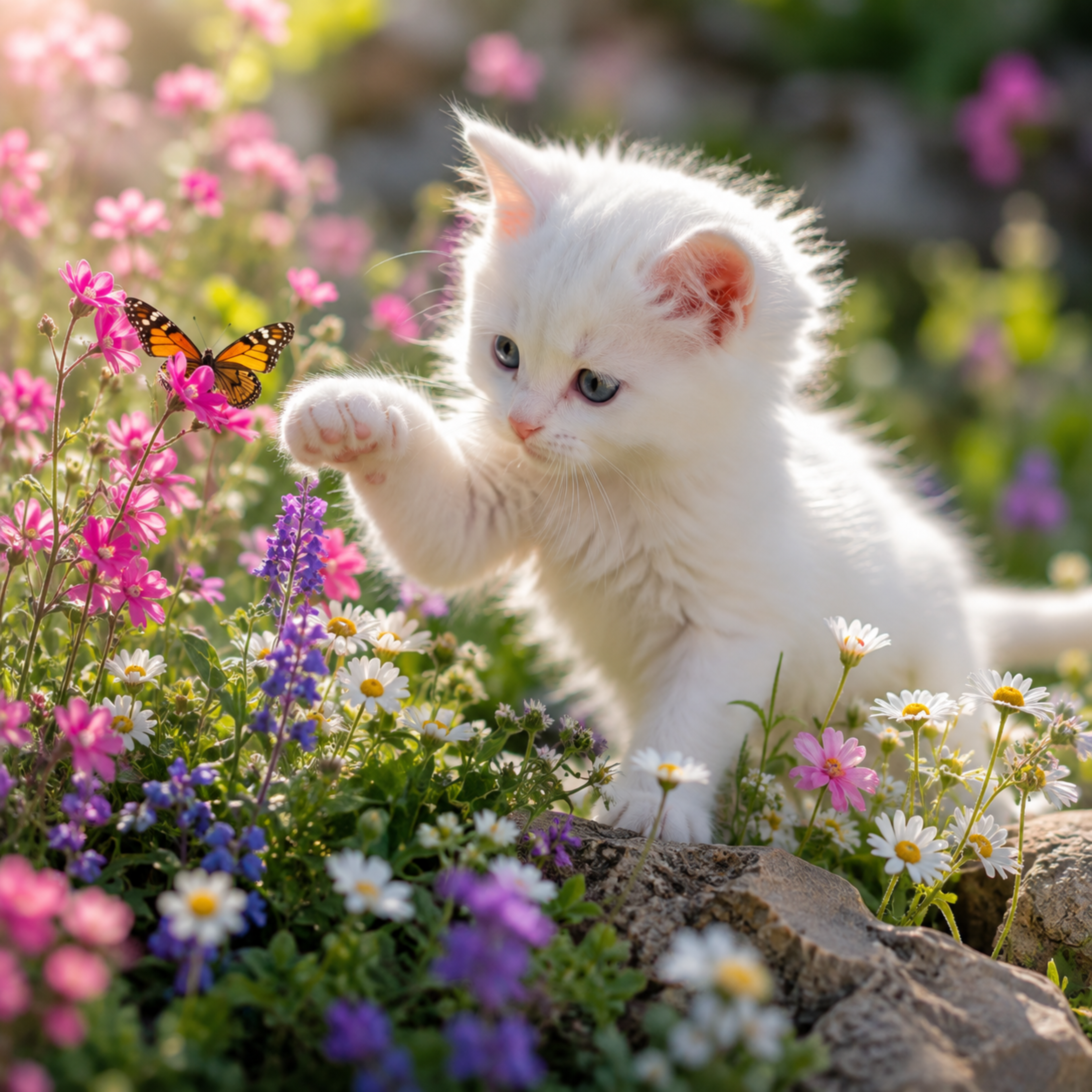 Kitten & Butterfly in the Garden – Cute Animal Digital Art Print