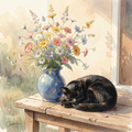 Black Cat & Wildflowers – Watercolour Art Print