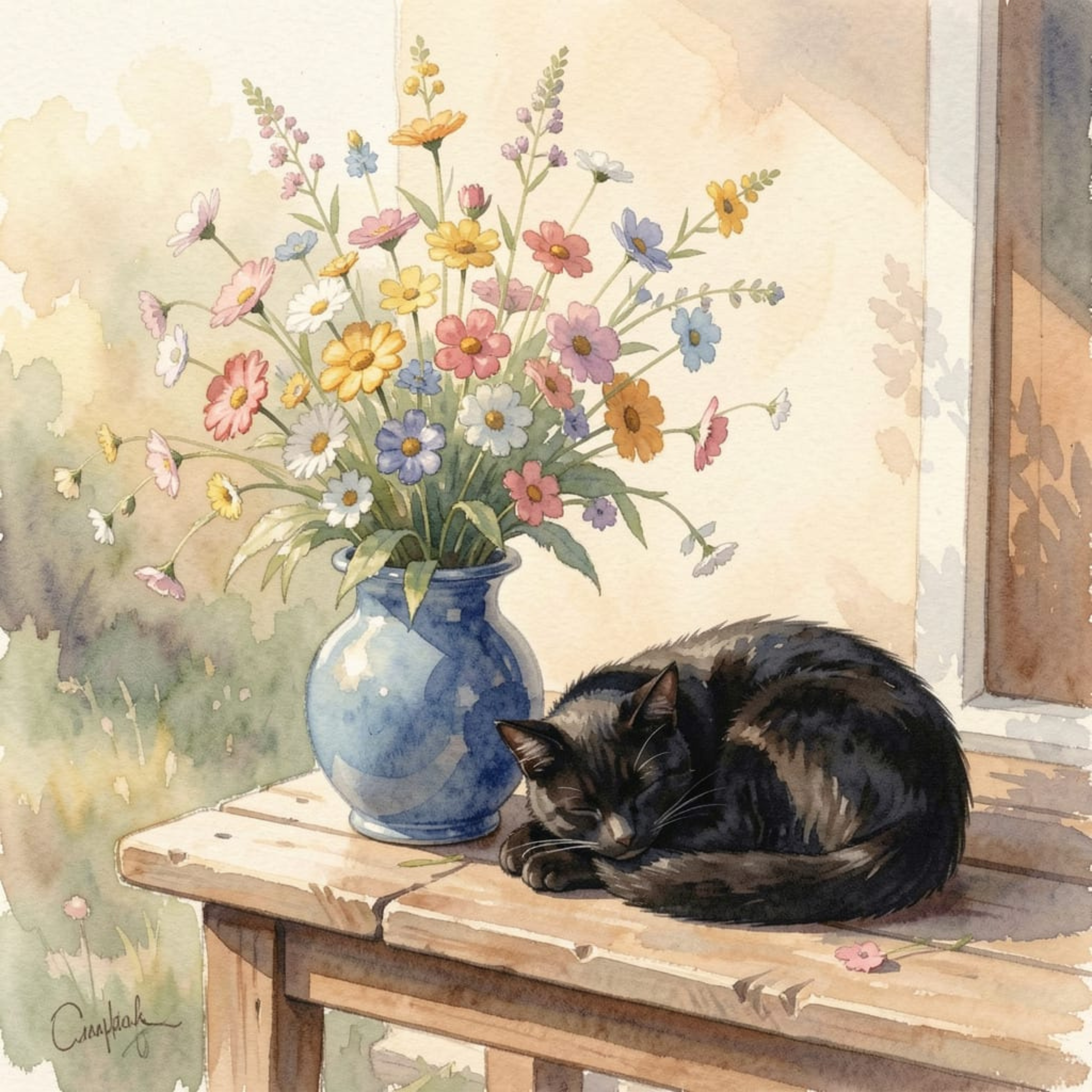 Black Cat & Wildflowers – Watercolour Art Print