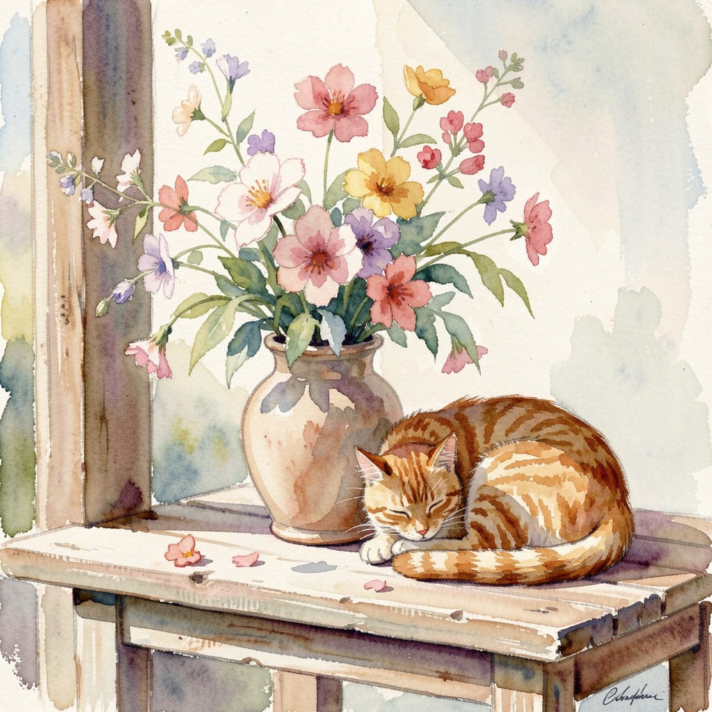Cat Nap Among the Blooms – Watercolour Art Print
