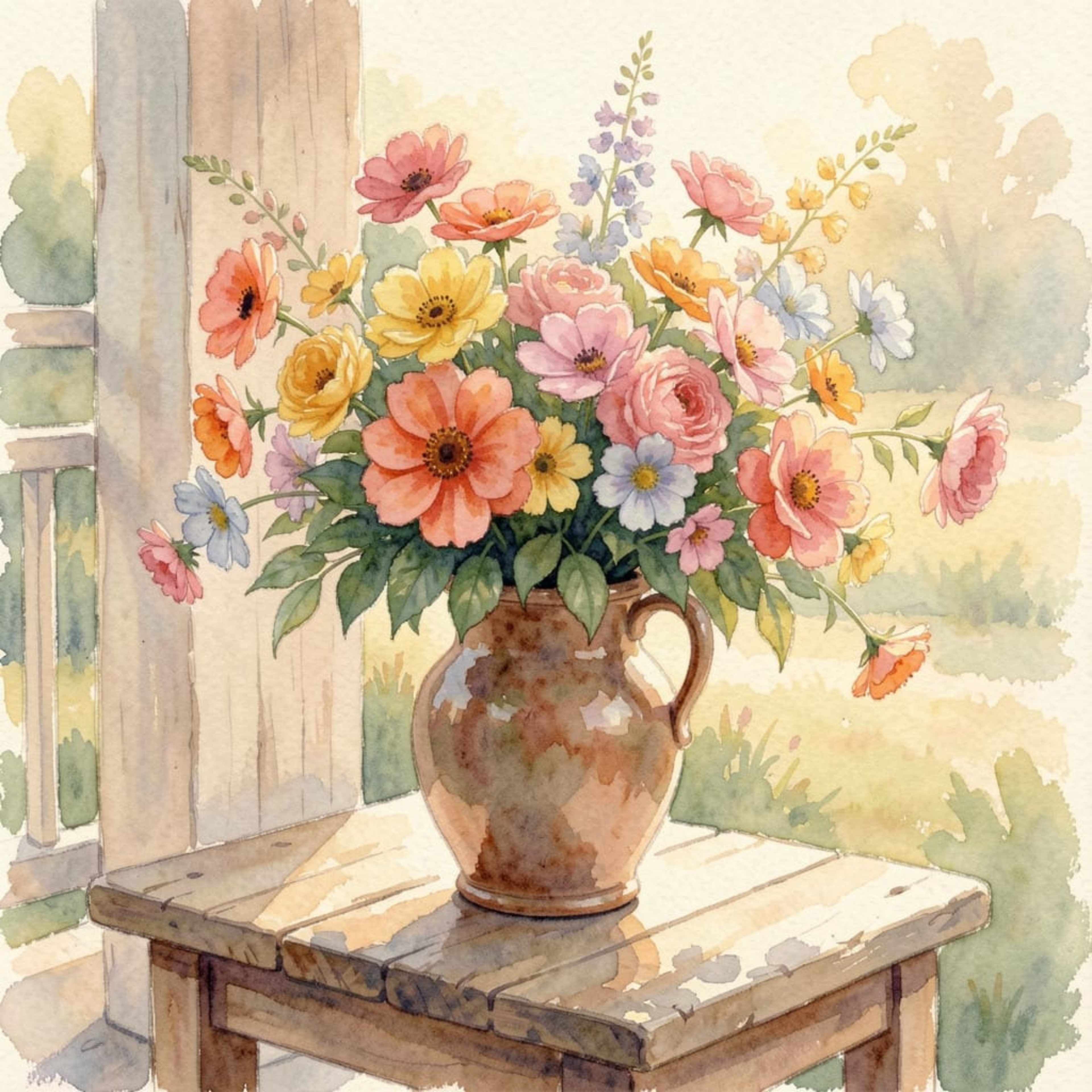 Garden Blooms in a Terracotta Jug – Watercolour Art Print