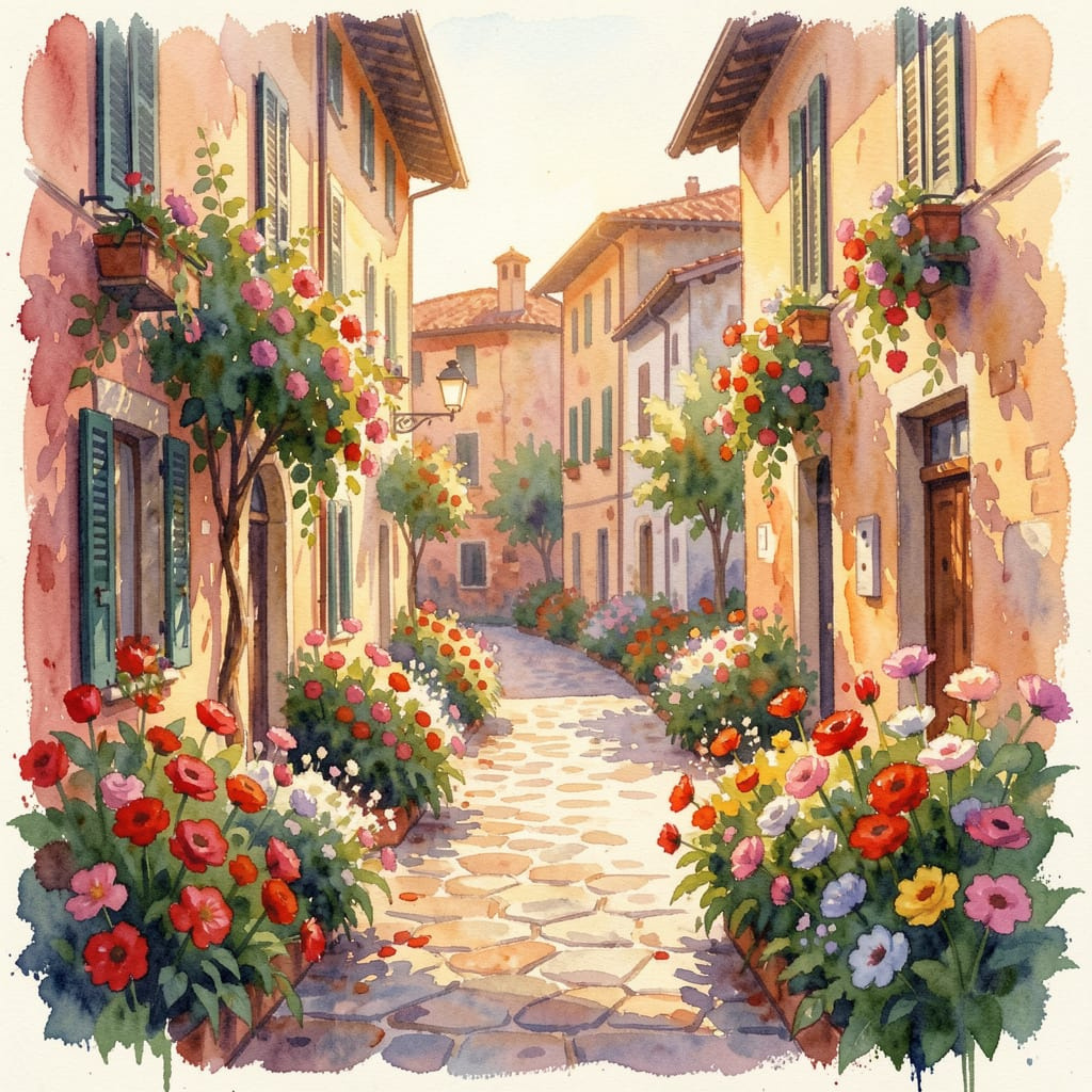 Cobblestone Village in Bloom – Watercolour Art Print