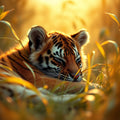 Sleeping Baby Tiger in Golden Grass