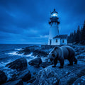 Bear & Lighthouse by Moonlight — Digital Art Print